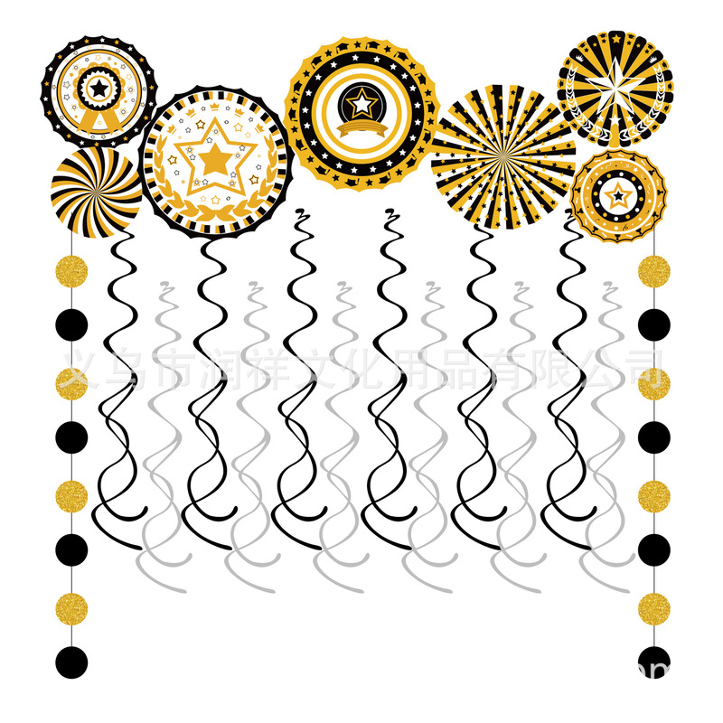 Cross-border spot black gold graduation paper fan flower background decoration party supplies round spiral fan flower doctor cap