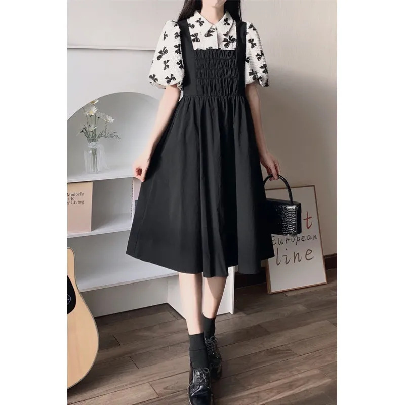 Summer Mori dress 2025 New Stitching Fake Two-piece Niche Puff Sleeve Cute Gentle Over-the-knee Long Skirt