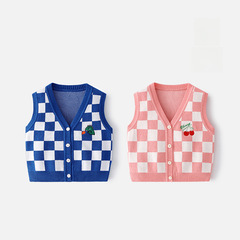 Korean version grid knit vest for children, cartoon pure cotton Category A baby vest, spring and autumn baby vest, outerwear