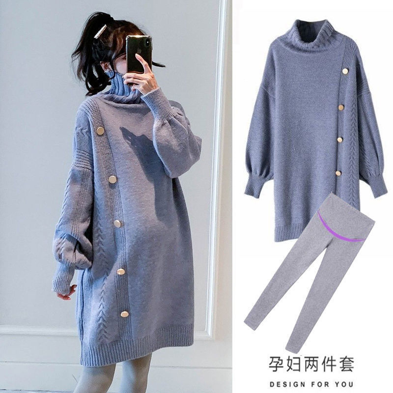 Maternity Autumn Outfit Set Fashion New Stylish High-Neck Dress Mid-Length Maternity Top Autumn Winter Thick Sweater