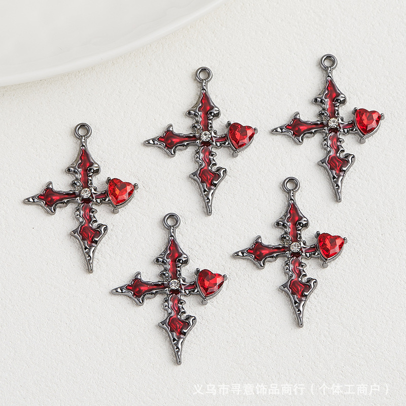 ガンブラック合金レッドクリスタルクロスラブペンダントペンダント手作り diy ブレスレットネックレスビーズ素材アクセサリー|undefined