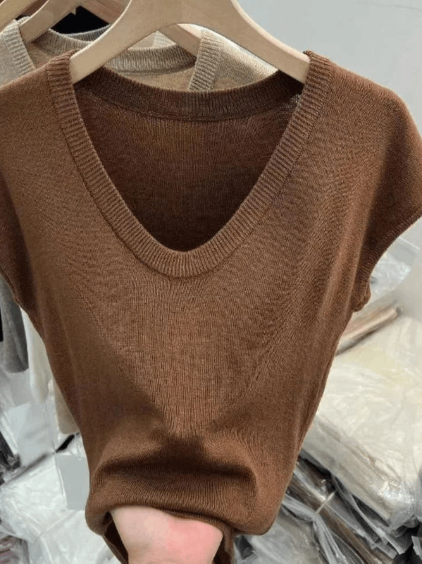 薄手のUネック半袖アイスシルクニットTシャツ レディース 2025年夏 スリムフィット半袖インナー トップス アイスシルク通気性|undefined