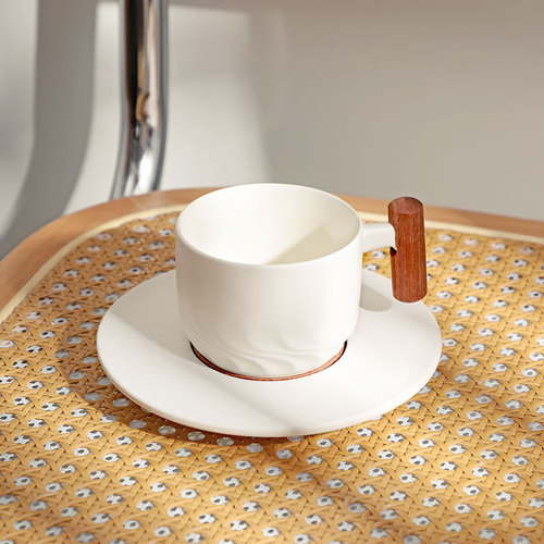 Cross-border Klein Blue Coffee Cup Ceramic Cup and Saucer Japanese Hand-brewed Sand-coated Water Cup Wood Handle Luxury Wholesale