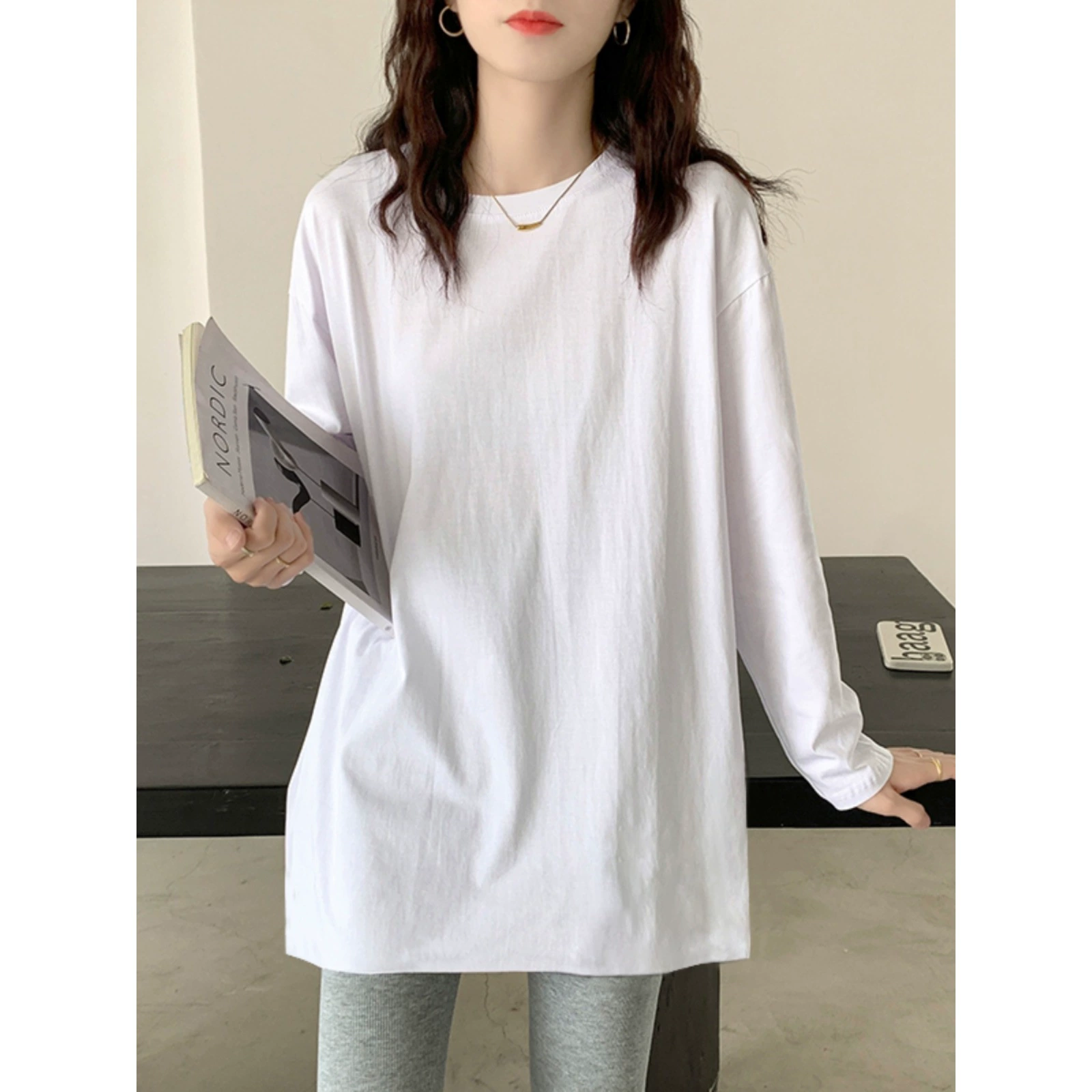 Ранняя весна, осень и зима длинная белая рубашка с длинными рукавами, хлопковая свитер