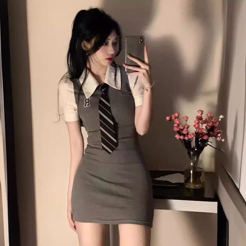 JK-style alluring polo-collar tie-front faux two-piece short-sleeve waist-defined, figure-flattering, body-hugging A-line dress for women—perfect for summer.