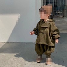 男女童通用套装秋冬季韩系潮款慵懒风连帽纯色卫衣卫裤 套装外贸