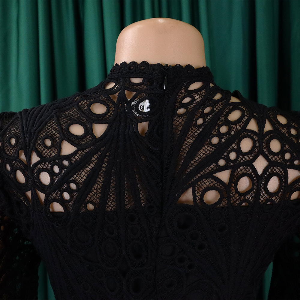 Women's Lace Hook Dress Hollow Pleated Stitching New Clothing_ecoleips.com