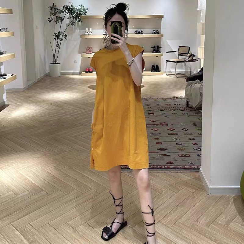 [Clearout No Returns] Solid Color Cotton Dress Side Button Design French Casual Plaid Vest Dress for Women