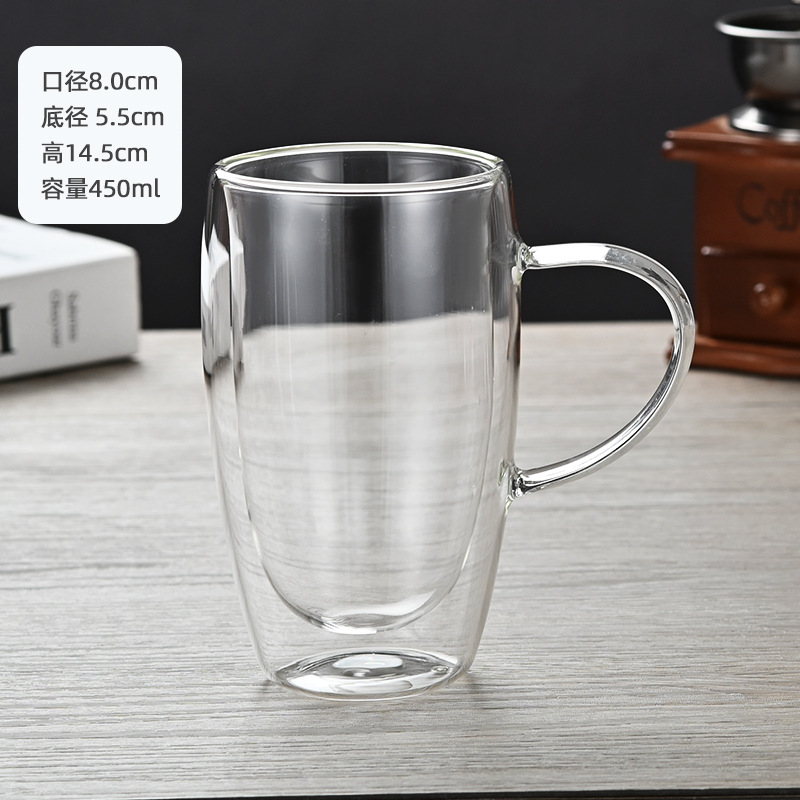 Oficina de doble capa de vidrio con mango aislado té de doble capa taza de café taza de vidrio transparente taza de leche
