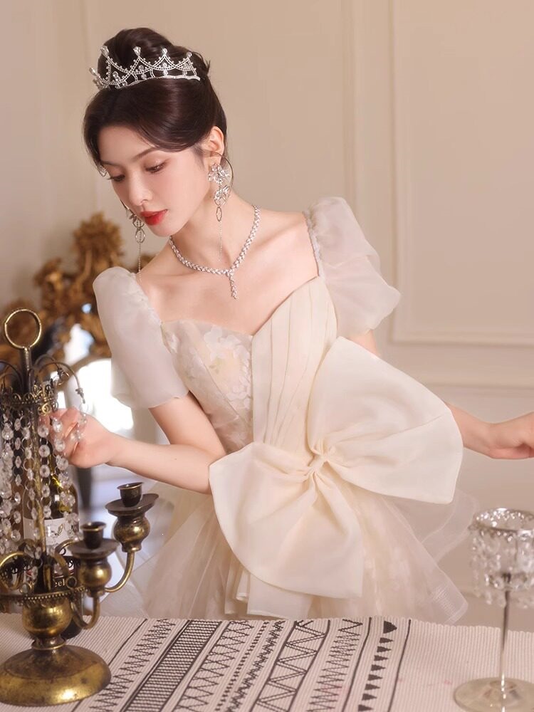 Đầm dạ hội công chúa tay lỡ cổ tròn thắt eo xòe bồng — Champagne 2534 chi tiết 4