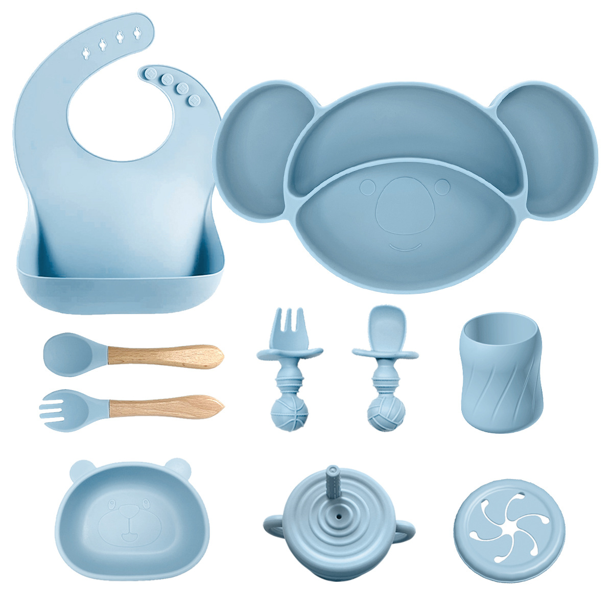 Nuevos productos transfronterizos para niños suplementarios de silicona platos de comedor cuchara de tenedor baudero ocho piezas conjuntos a prueba de caídas mangar suministros para madre y bebé