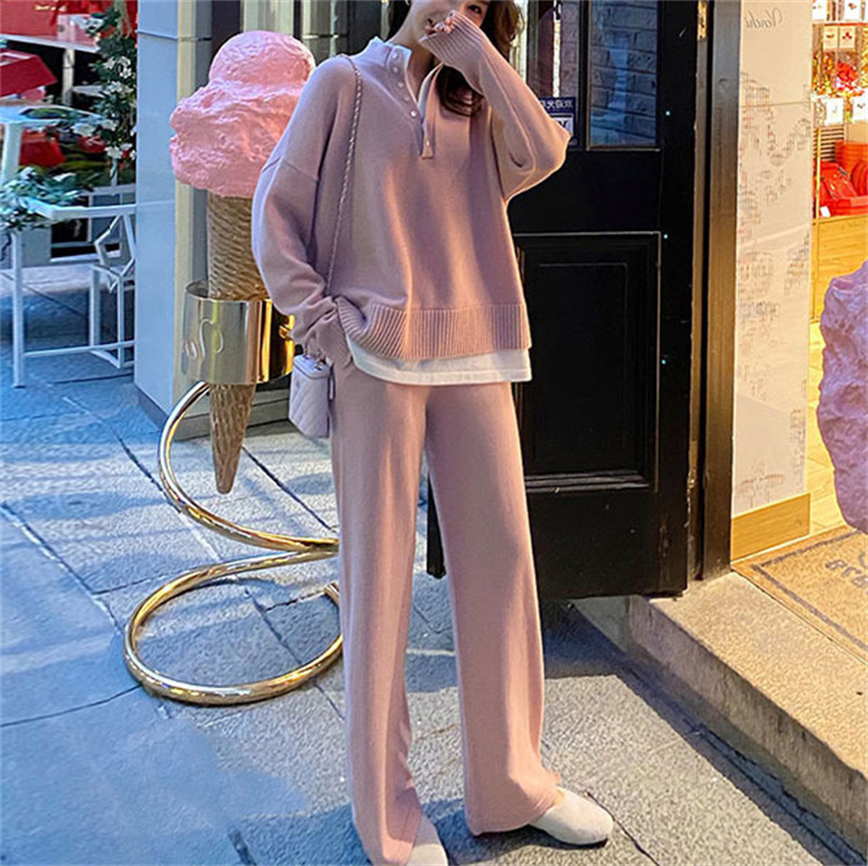 Damenbekleidung High-End-Mode im französischen Stil, lässiger Strickanzug für Damen, Herbst und Winter, lockerer zweiteiliger Hosenanzug mit weitem Bein, zweiteiliger Pullover-Trend_voghion.com