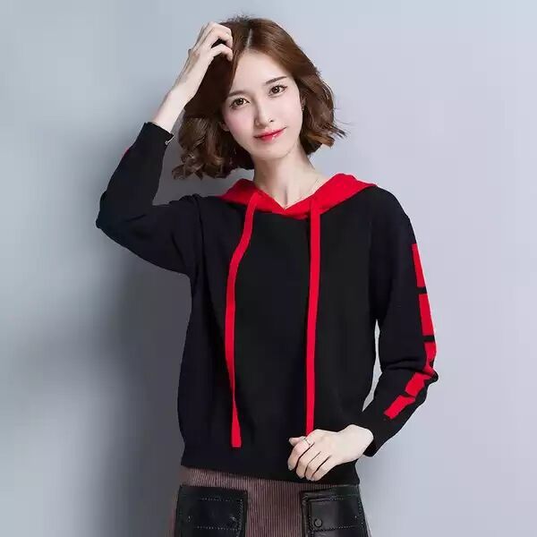 2025春装新款女韩版休闲针织衫连帽套头卫衣学生宽松女士短款毛衣