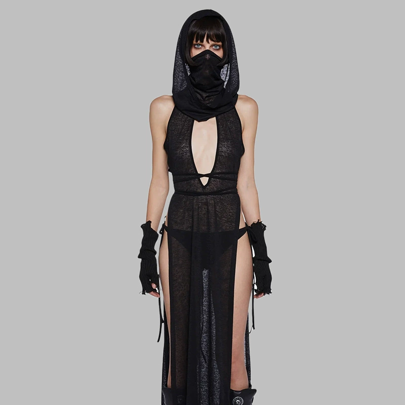 Европейская и американская горячая девушка 2023 летнее Новое однотонное перспективное Сексуальное Женское платье без рукавов с капюшоном и открытой спиной