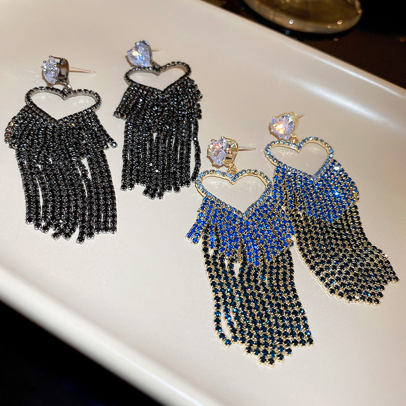 Fashion Heart Shape Copper Tassel Rhinestones Zircon Drop Earrings 1 Pair
