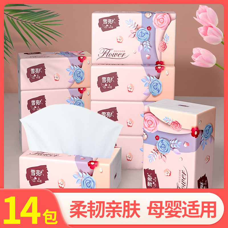 14 Packs of Soft and Absorbent Tissue Paper Made from Virgin Wood Pulp for Home Use, Featuring a Snow-White Floral Design