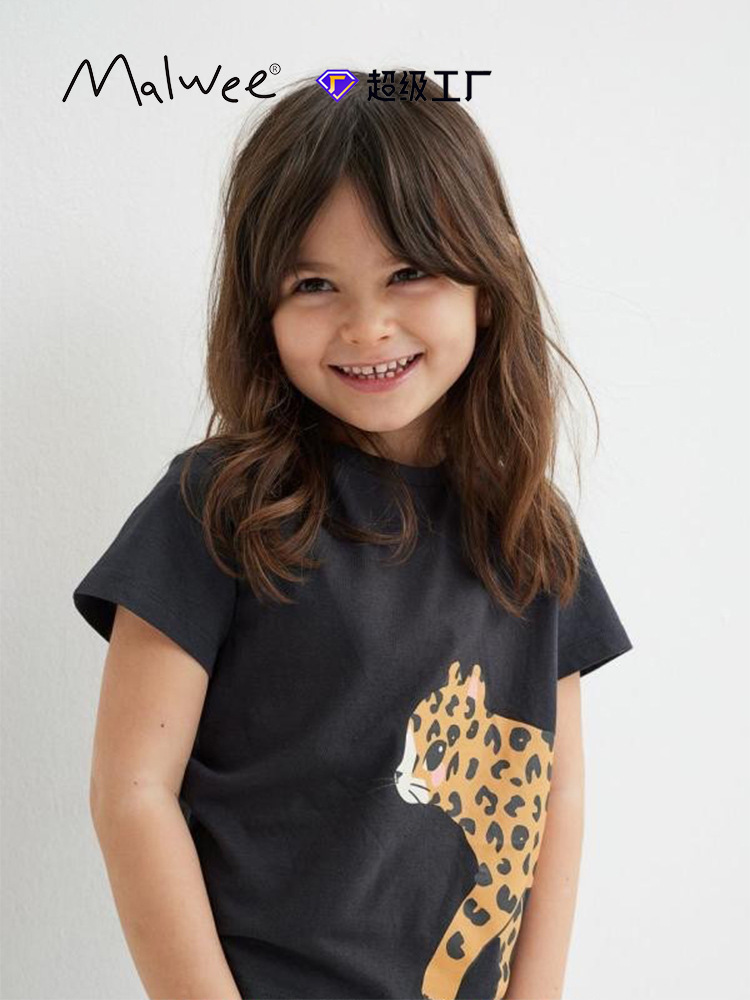 Camiseta de niña malwee transfronteriza verano nuevo estilo europeo y americano niños pequeños y medianos cuello redondo manga corta lindo estampado niños top