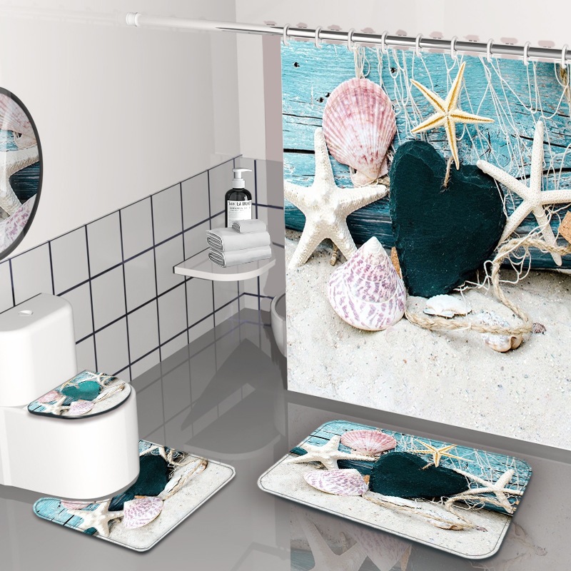 Impresión digital de ondas cortina de baño sin agujeros partición de baño cortina impermeable baño cuatro piezas conjunto de dibujo se puede fijar image 14