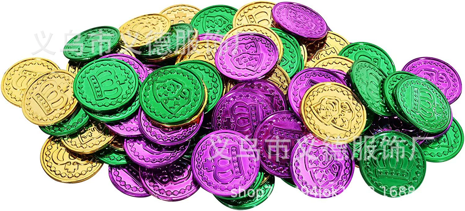 В наличии Марди Гра карнавал монета покрытие трехцветный Золотой Фиолетовый Зеленый фестиваль партии пластиковая монета