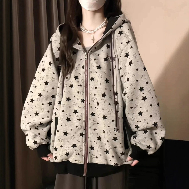 美式高街星星满印连帽卫衣女春秋新款宽松学院风拉链开衫外套上衣|undefined
