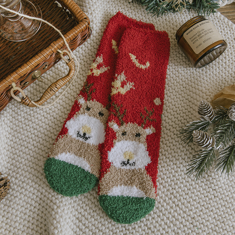 Calcetines de Felpa para Piso Vellón de Coral y Poliéster Térmico, Secado Rápido, Engrosado para Navidad