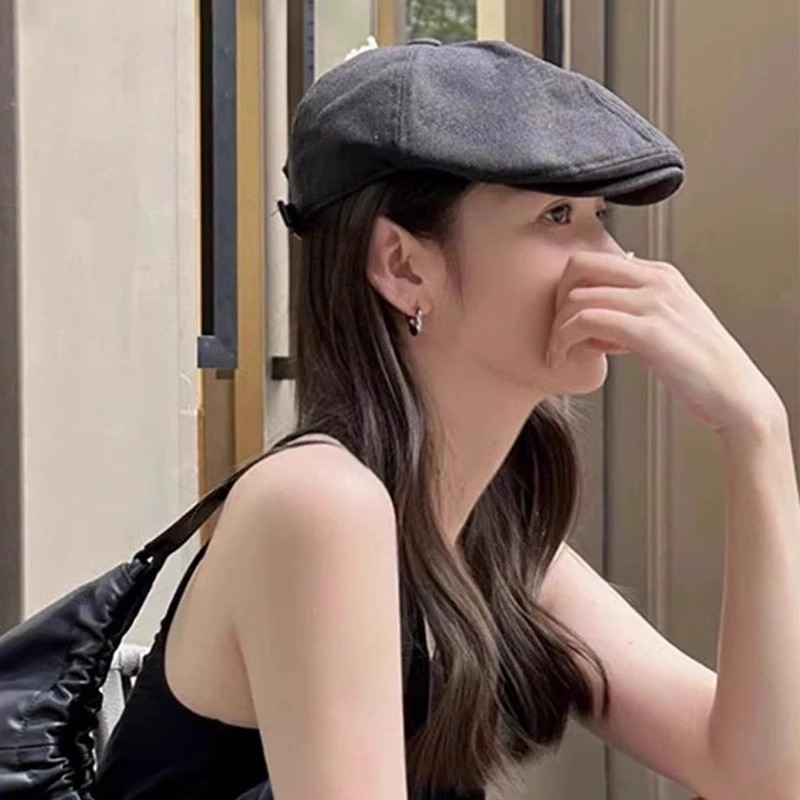 复古咖色棉麻女款夏季美式英伦风前进帽显脸小大头围贝雷帽子潮流|undefined