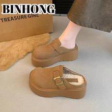 真皮厚底增高勃肯鞋女外穿2025新款加绒毛毛棉拖鞋一脚蹬包头半拖