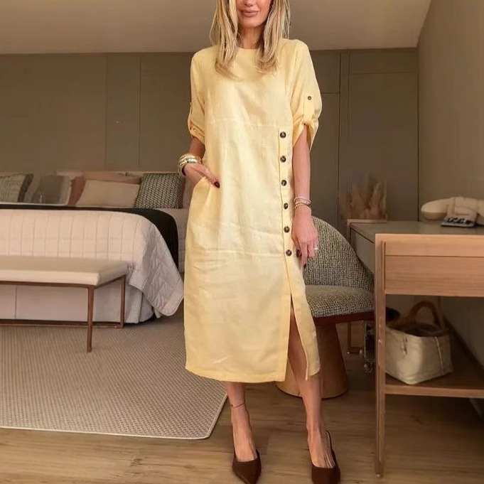 Amazon's New 2025 European and American Cross-Border Women's Summer Style Loose Casual Pure Color Short-Sleeved Cotton and Linen Dress for Women