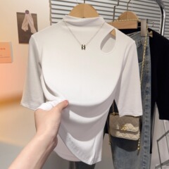 女性用ハーフタートルネックミッドスリーブTシャツ、2025春夏新作糸中空ボトムシャツ、個性とスタイリッシュなトップス