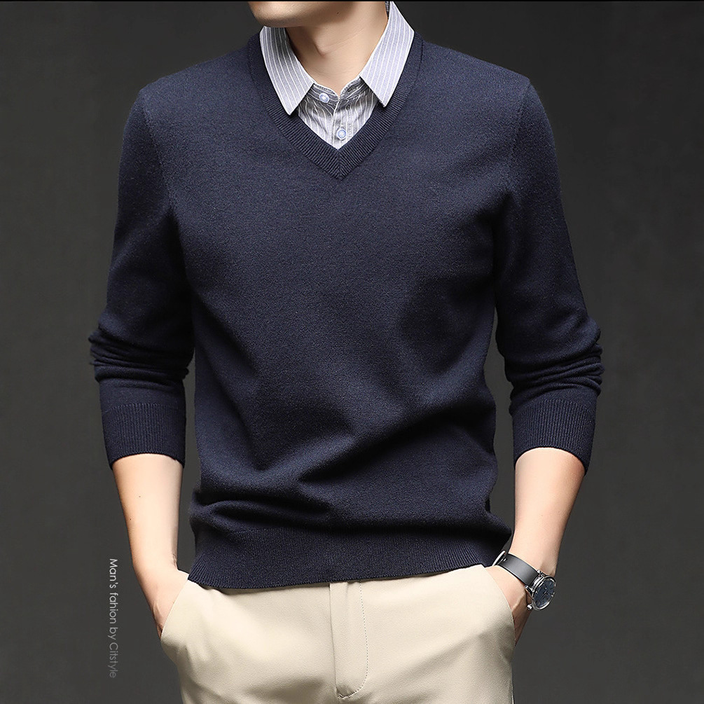 Suéter de punto casual de hombre delgado falso de dos piezas chaqueta nueva chaqueta gris de otoño y invierno simple camisa de punto con solapa