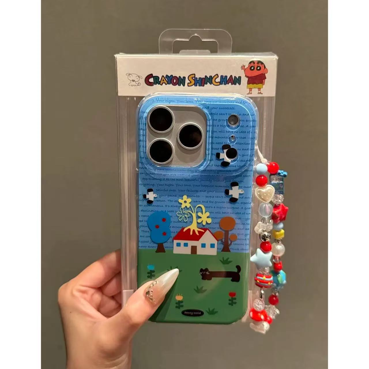 Blue Background English Green Lawn House Kitten Bird Suitable for Iphone17Promax Apple 16 Mobile Phone Case 15 Chain