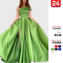 外贸单肩缎面礼服亚马逊晚礼服生日宴会蓬蓬裙绿色开叉性感连衣裙