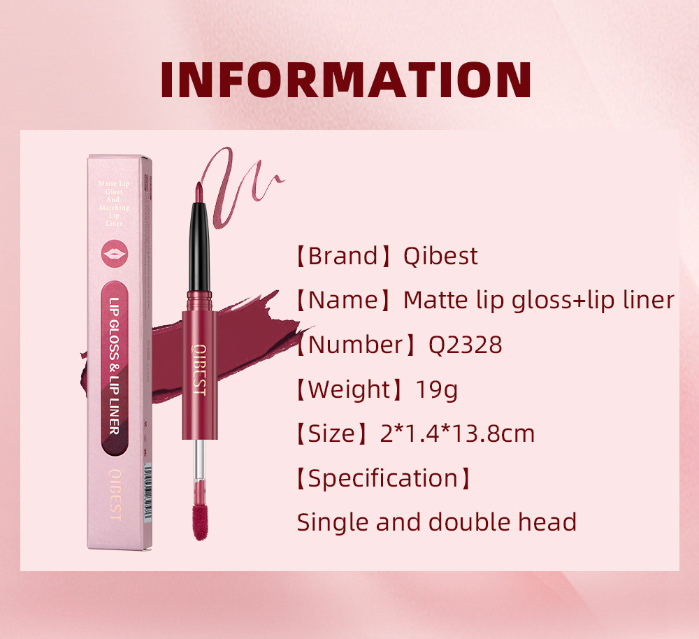 QIBEST Cross-border two-in-one Lip gloss and lip liner pen Waterproof matte velvet non-smudging double-headed lip gloss manufacturer wholesale undefined
