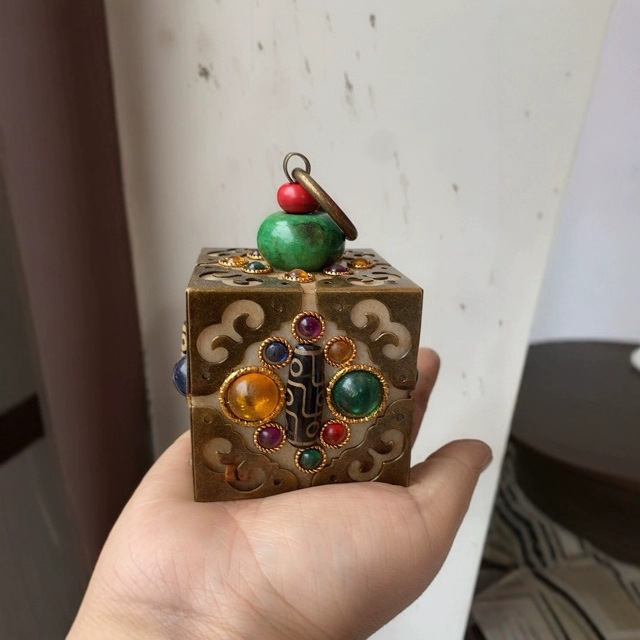 古玩杂项收藏仿古做旧玉石镶嵌天珠玛瑙宝石印章镇纸手把件工艺品