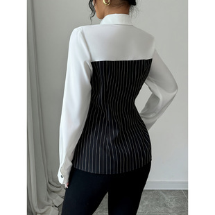 in stock 2025 AliExpress Independent Station European and American Cross-border Shirt Collar Single-breasted Stitching Striped Shirt