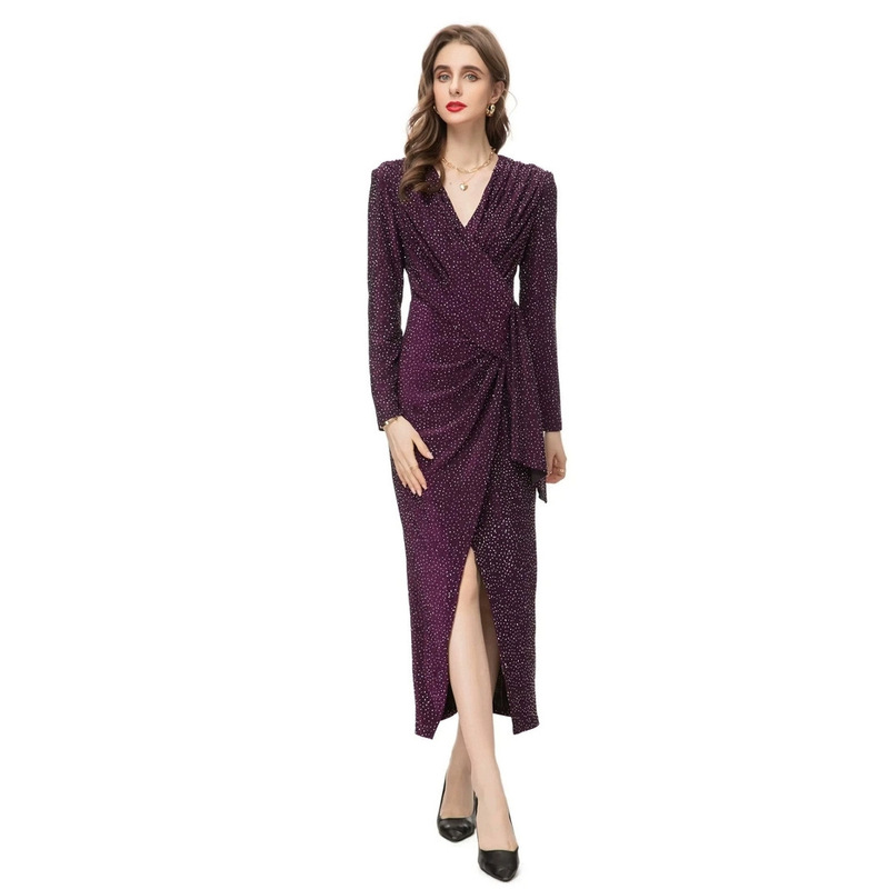 Velvet Deep V Neck Wrap Bow Slit Sequin + Elastic Knitted Hip-Hugging Dress Women's Long-Sleeved Slim Dress