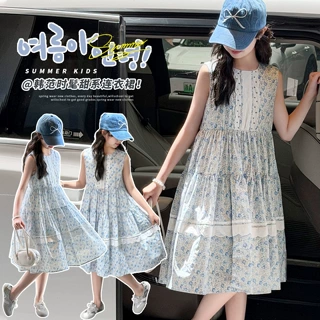 女童连衣裙2026夏季新款韩版时髦花边拼接裙摆碎花背心裙个性长裙
