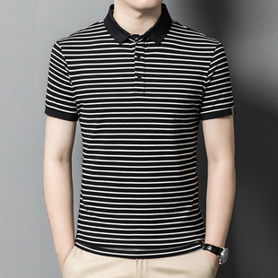 Business Stripesd Casual Cotton Short-Sleeved Men's T-Shirt Fashion Lapel Polo Shirt Men's Pinstripes Top Half-Sleeve Wholesale