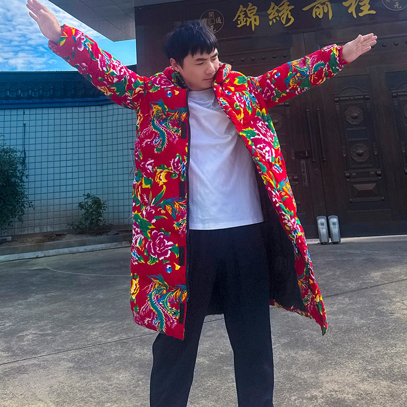 长款棉衣外套东北大花中国风汉服男女宽松保暖防寒连帽棉袄潮男女
