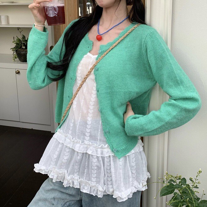 KANING Premium Apple Green Lace Knitted Cardigan 2025 Spring Loose Loose Loose Style Sweater Jacket