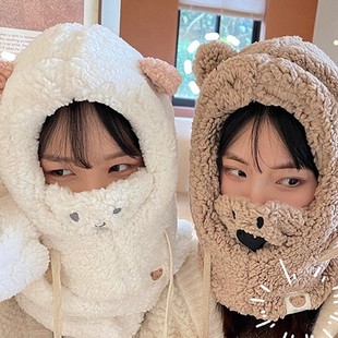 Bear Hat and Scarf All-in-One Women's Winter Cycling Windproof Warm Cute One-piece Neck Cover Plush Hat