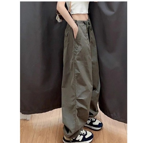 American Retro Work Pants for Women - Summer Quick-Dry High-Waisted Slimming Parachute Pants Loose Tapered Crepe Wide-Leg Floor-Length Pants