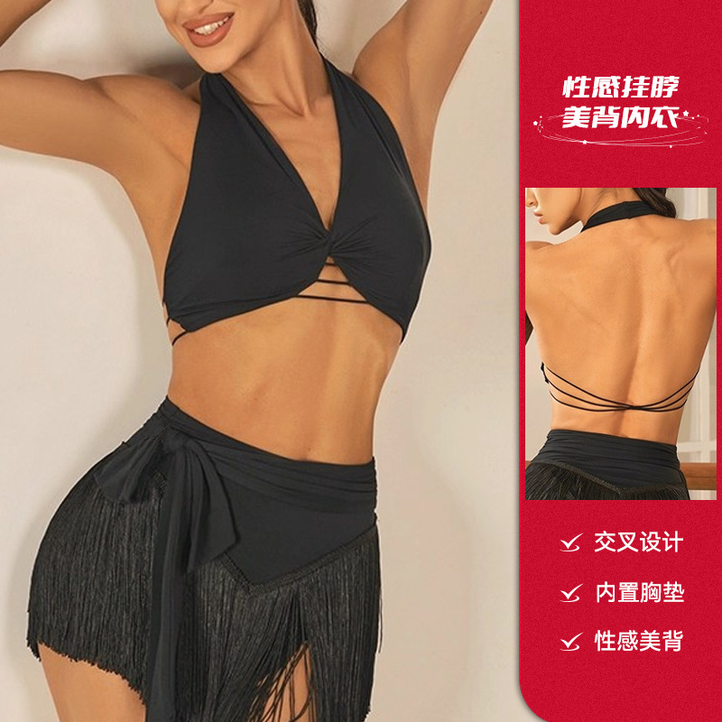 跨境夏季新款瑜伽内衣挂脖吊带 性感美背拉丁舞蹈练功服 女带胸垫