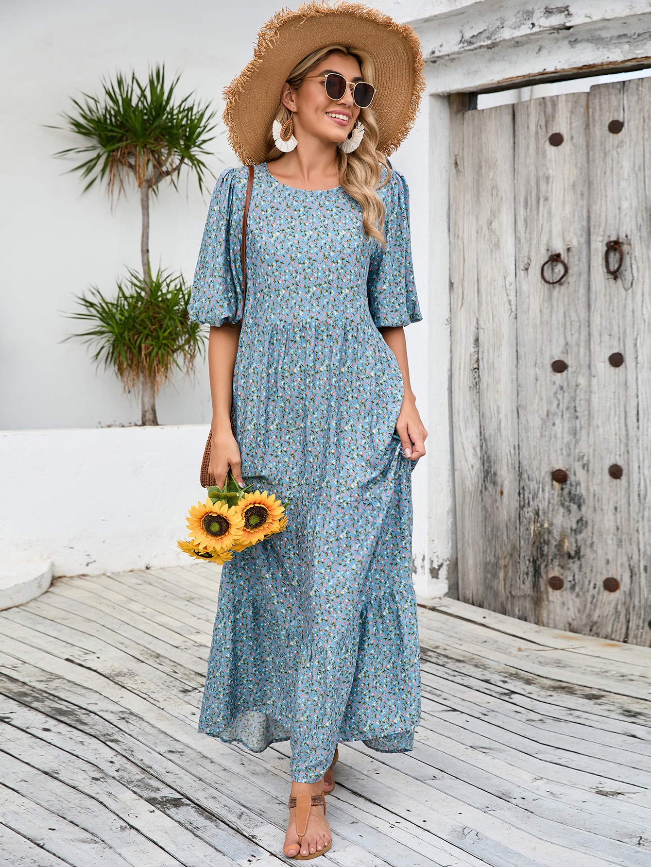 European And American Cross-border Foreign Trade Middle Eastern Robe, Loose-fitting Round-neck Mid-sleeve Dress,_ecoleips.com