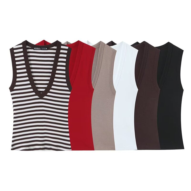 Taop&Za Women's Clothing 2026 Summer New Style Four-Color Sleeveless V-Neck Multi-Color Cotton T-Shirt 4174301