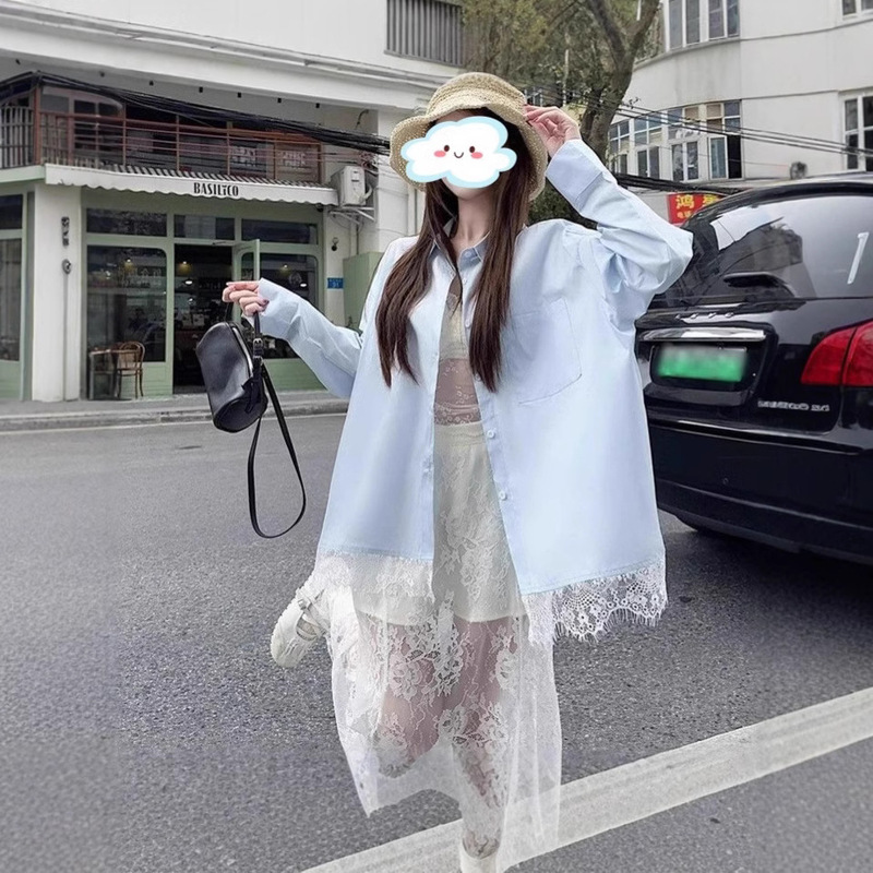 Lace Stitching Long Sleeve Shirt Women's Spring and Summer New Polo Collar Fashionable Casual Loose All-match Niche Top for Women Lace Stitching Long Sleeve Shirt Women's Spring and Summer New Polo Collar Fashionable Casual Loose All-match Niche Top for Women