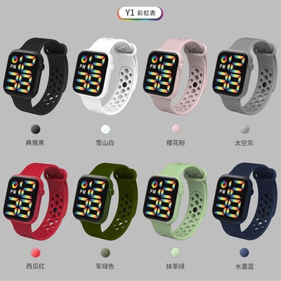 2022新款跑马灯LED电子表Y1炫酷彩虹胶带防水数字运动时尚学生表|ms