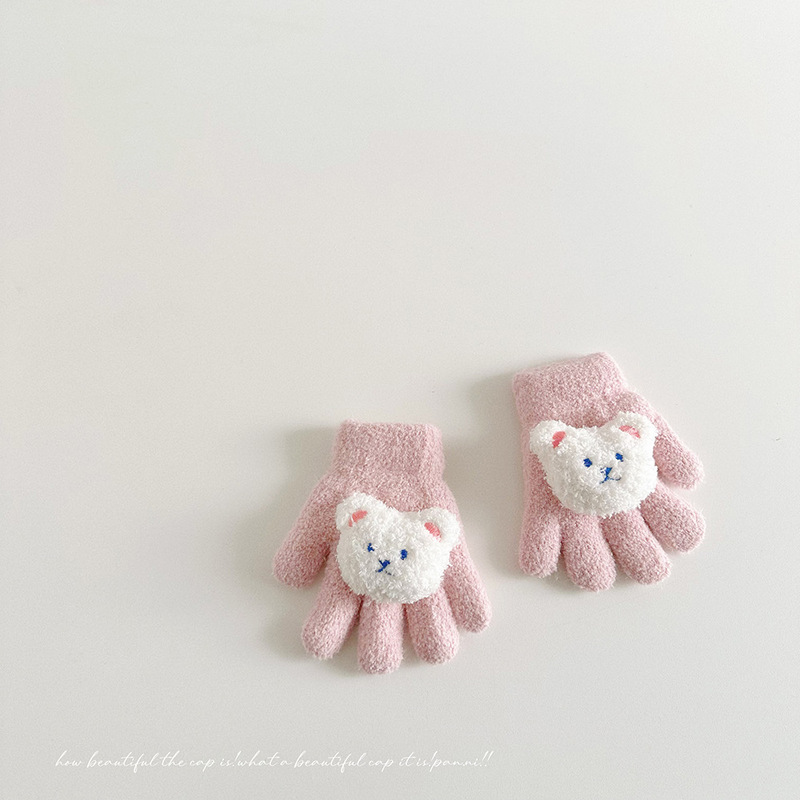 二重の厚い厚いかわいい熊の手袋の冬のベルベットの5本の指の手袋の子供の漫画の保温の赤ちゃんの手袋|undefined