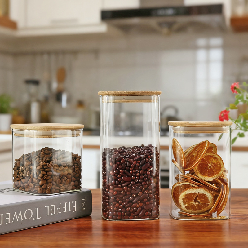 tanque de sellado de vidrio de alto borosilicato cuadrado tanque de almacenamiento de muestra de materia prima tanque de exhibición condimento doméstico tanque de sellado