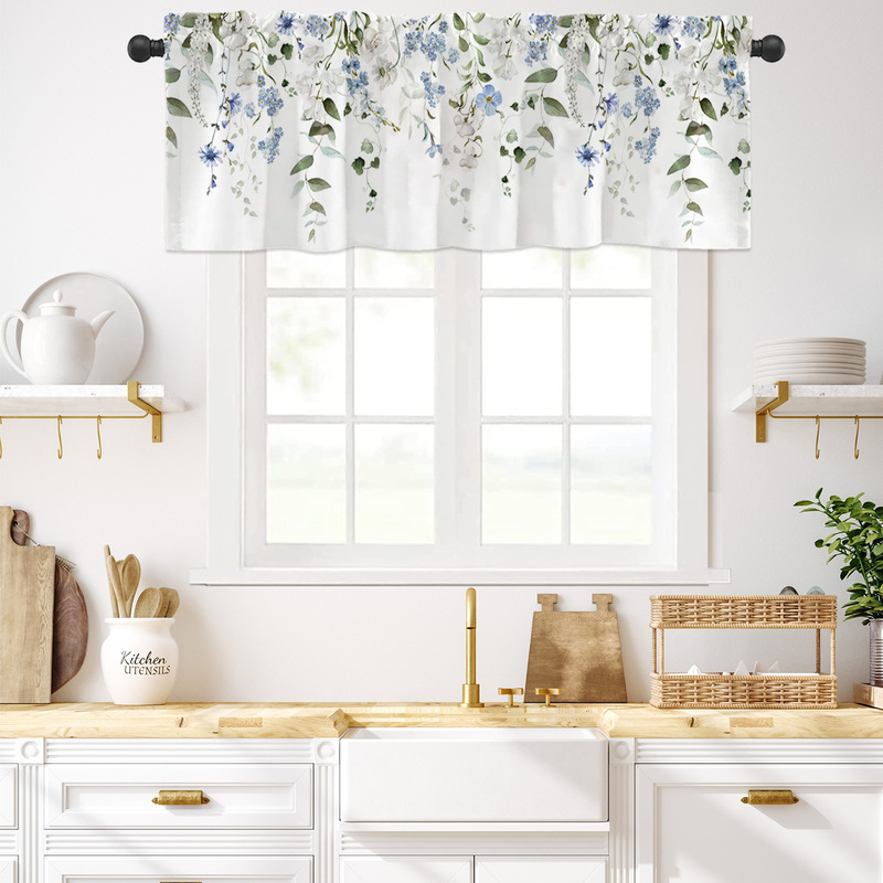 Cross-Border Hot-Selling Spring Floral Digital Print Light-Filtering Window Curtains Curtain Headers for Kitchen, Living Room, Cafe, Bathroom